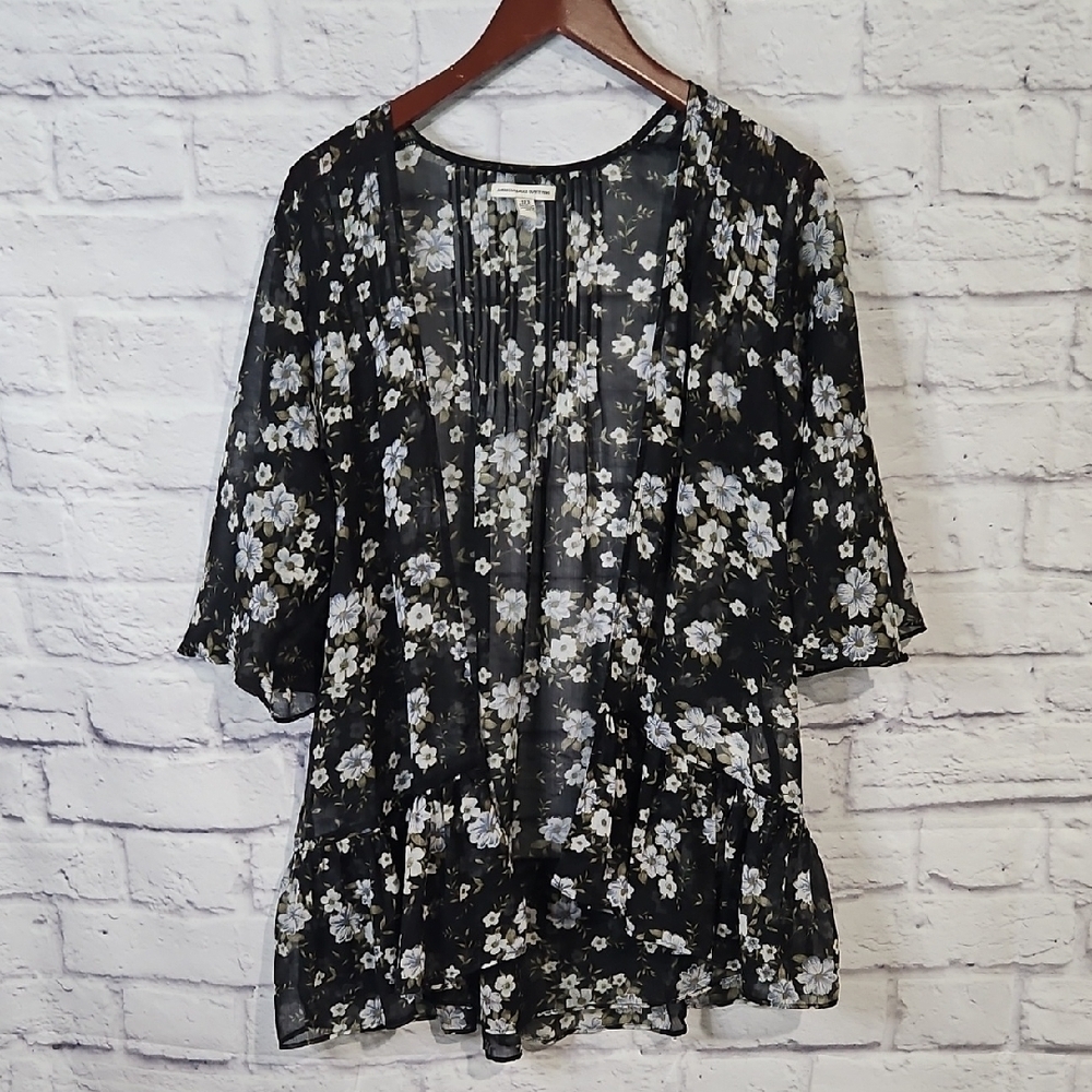 American Eagle Outfitters Open Front Black Floral Sheer Blouse
